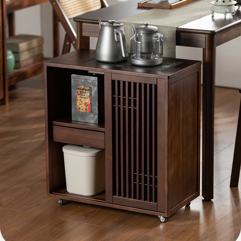 新中式实木移动茶水柜办公室泡茶台边柜烧水壶一体下置水桶置物架