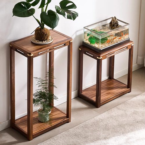 胡桃木长方形花架子室内家用落地实木置物架鱼缸架阳台盆景架加宽