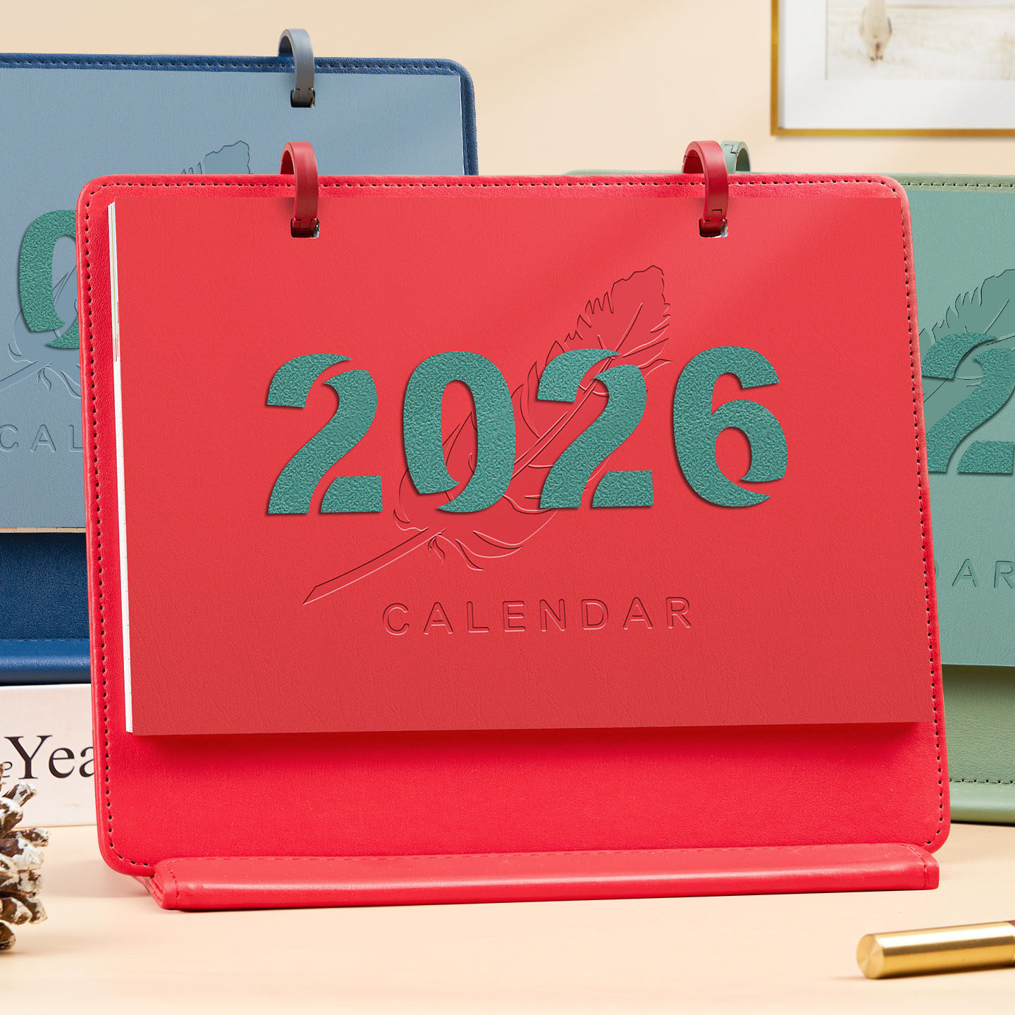 双圈磁吸皮架台历2026年新款定制可印logo公司企业广告定做商务办公室日历本桌面摆件红色皮质月历日历批发