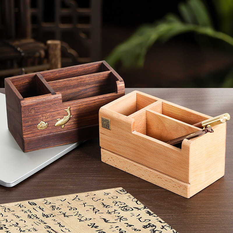 实木办公桌笔筒收纳盒一体名片盒大容量高级感轻奢摆件胡桃木笔桶简约中式领导会议室书房木质桌面定制送老师