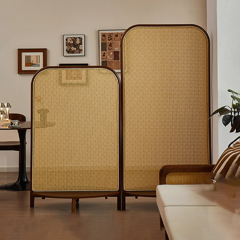 法式复古实木藤编屏风隔断客厅玄关入户挡板高级感落地简约小座屏
