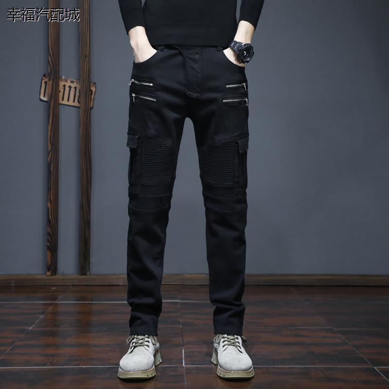 欧美简约摩托车骑行裤男四季防摔机车服朋克黑色牛仔裤春秋季
