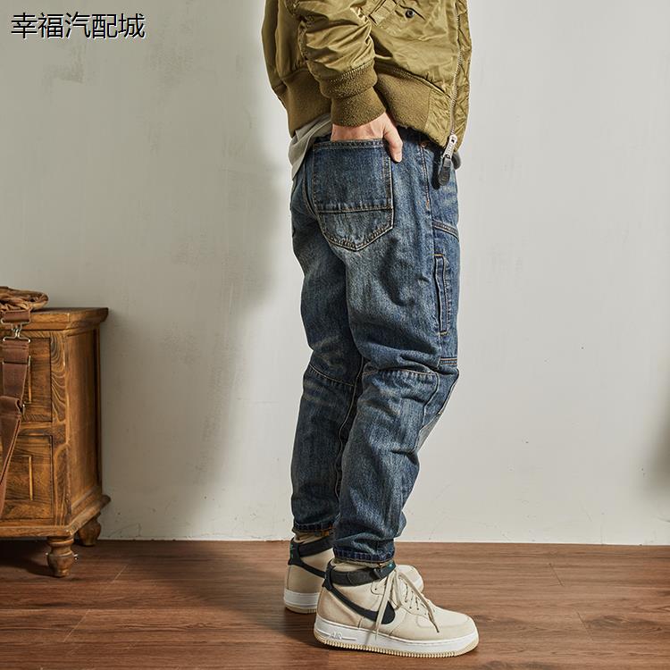 牛仔裤男骑行裤机车摩托车美式复古做旧男款重磅贴布工装长裤