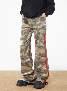 URS GGON迷彩休闲裤国潮牌情侣高街拉链长裤美式复古宽松直筒裤