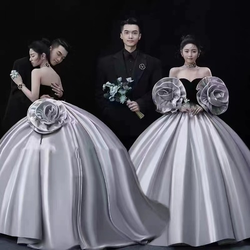 韩版月光缎抹胸花朵影楼主题服装
