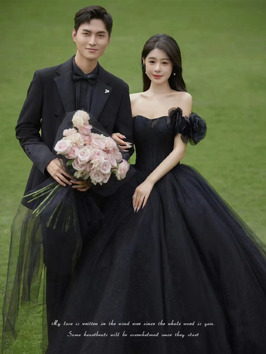 韩版黑纱一字肩黑色礼服