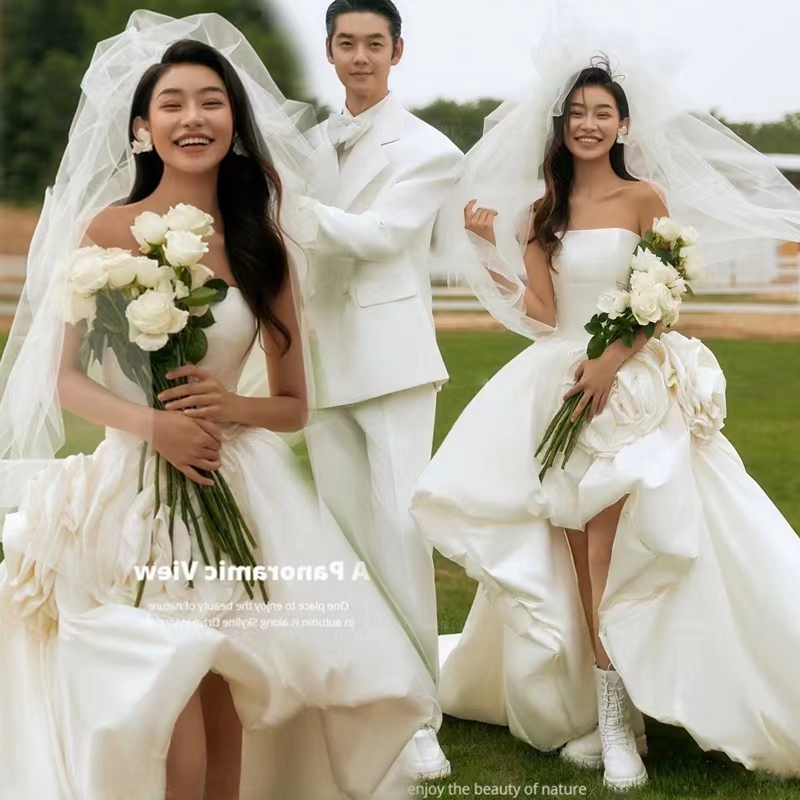 户外新款婚纱影楼主题无袖法式摄影礼服复古服装韩版白色缎长拖尾