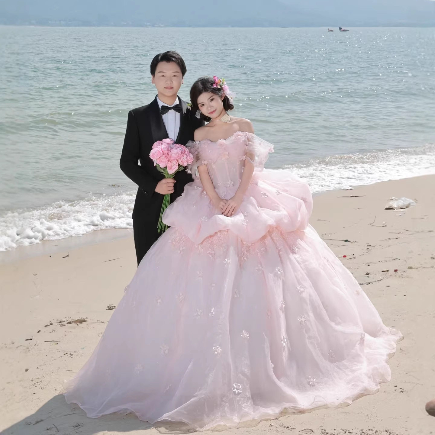 影楼彩纱拍照主题外景法式抹胸蓬蓬粉色花神婚纱拖尾情侣旅拍礼服