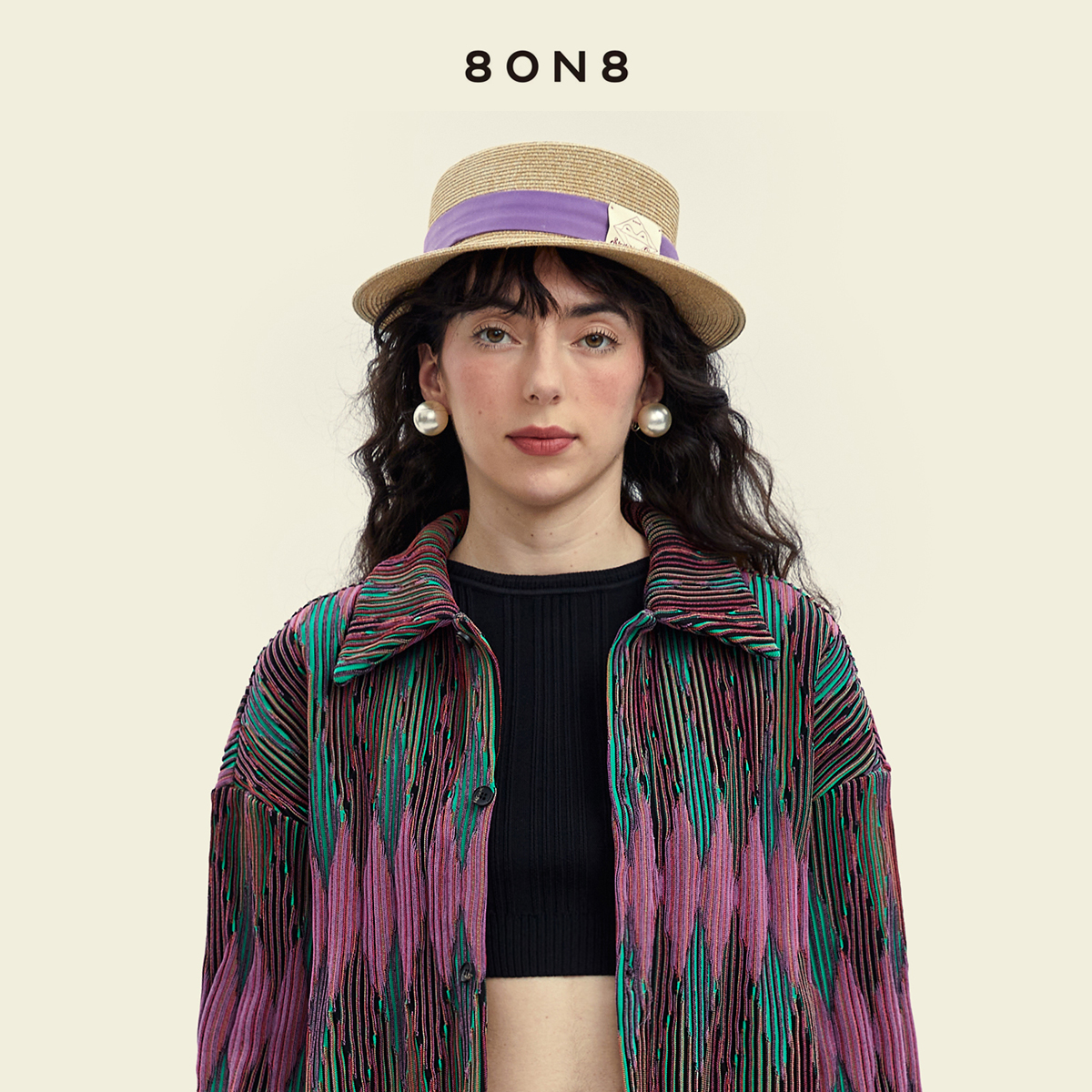 8ON8紫色米色发带sc小草帽