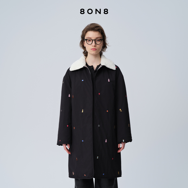 8ON8秋冬新品休闲宽松夹棉长大衣外套女黑色气质高级感中长款上衣
