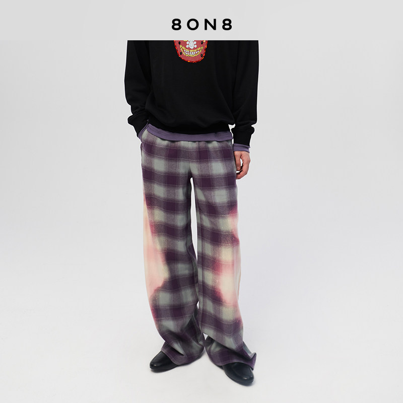 格纹褪色喇叭休闲裤百搭长裤