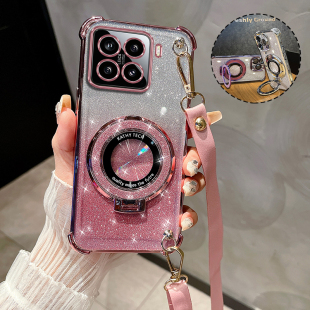 适用小米15手机壳带镜头膜防摔保护套15Pro时尚斜挎款带支架14Pro曲面屏超薄女款13Pro闪粉磁吸软壳Xiaomi绳