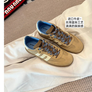 高端牛皮~大叔家美式复古德训鞋女2024秋新款拼色休闲运动阿甘鞋