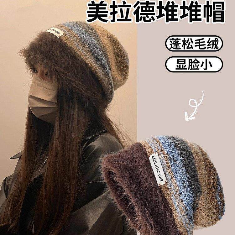 日本进口堆堆帽子女冬季网红大头围春秋产后月子毛线帽保暖针织