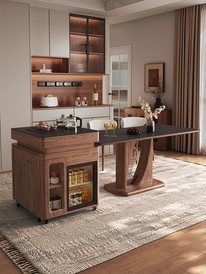 岩板餐桌家用可伸缩长方形饭桌客厅2025新款中古风岛台餐桌椅组合