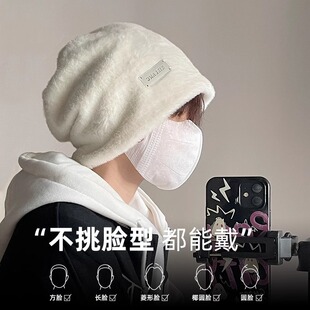 大头围毛绒堆堆帽男2025冬季新款护耳保暖冷帽美式金属小标包头帽