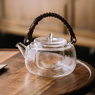 日耐高温锤式壶纹玻璃壶电陶炉煮茶壶手工编织提梁壶泡茶功夫茶具