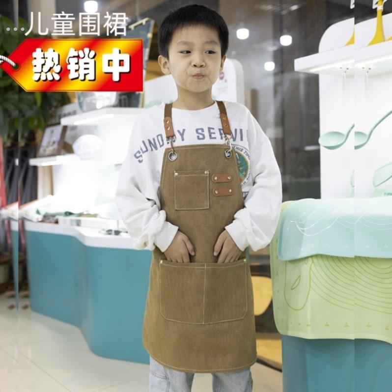 儿童加厚帆布围裙厨房咖啡美发店工作跨境木工园艺牛仔背带棉围腰