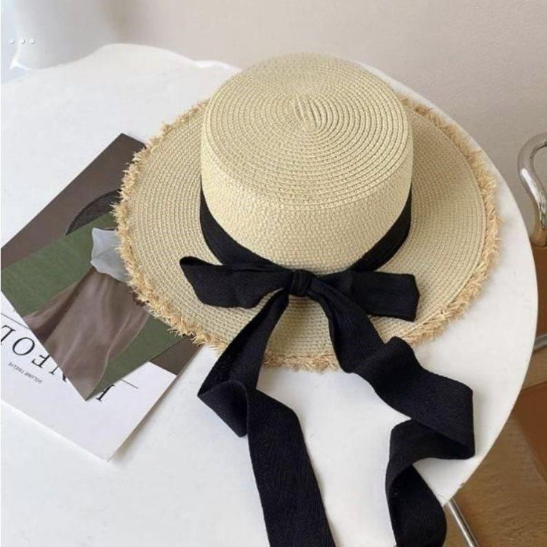 日系百搭毛边草帽女夏天平顶出游太阳帽小清新蝴蝶结遮阳沙滩帽