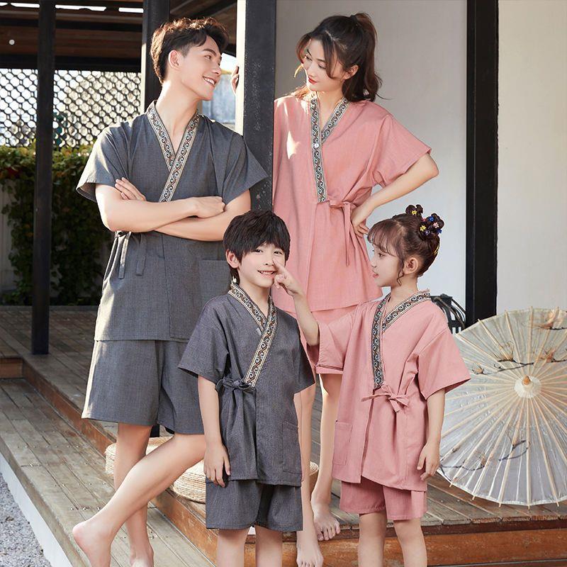 亲子装苎麻汗蒸服宽松情侣浴服女大码家居服按摩温泉桑拿系带睡衣