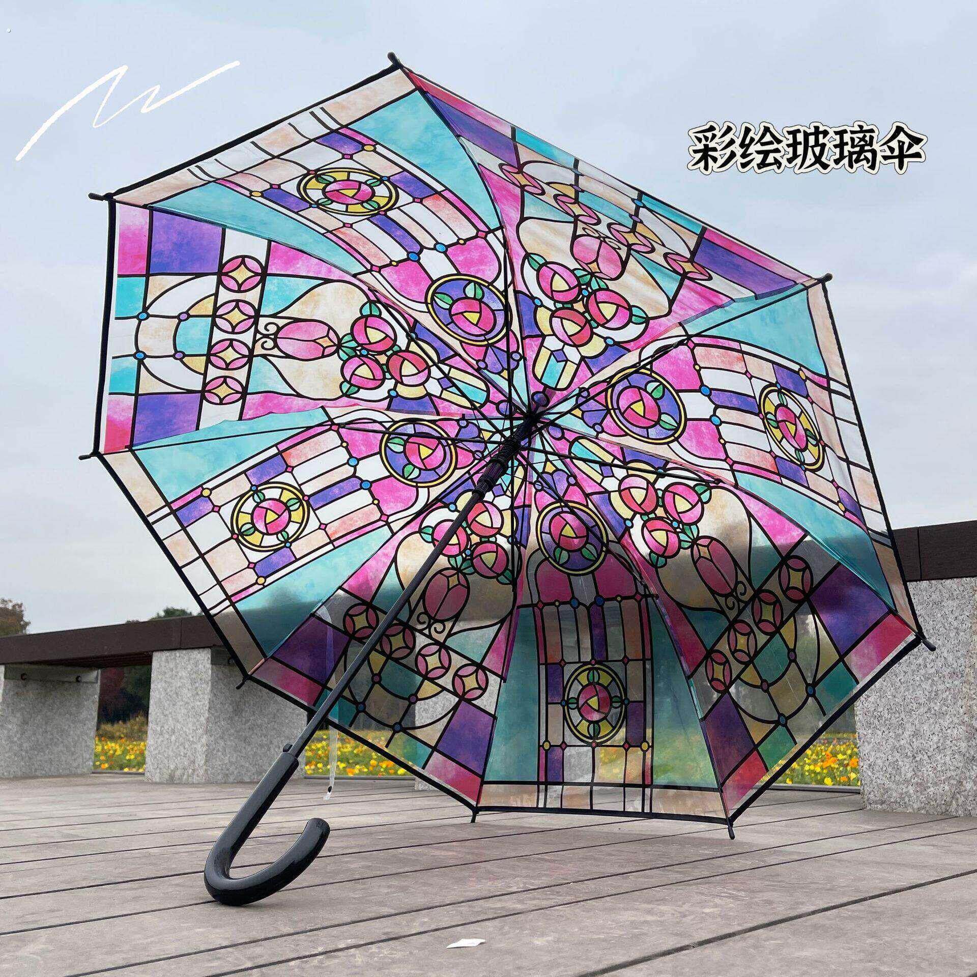 英伦风热带雨林拱形透明伞彩绘玻璃透明雨伞长柄自动大浪漫晴雨