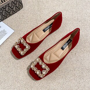 速发方头秀鞋禾婚鞋冬季中式酒红色平底孕纱结婚新娘鞋主婚妇不累