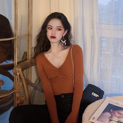 设计感针织打底衫女装内搭修身V领上衣春秋2025新款薄款毛衣低领
