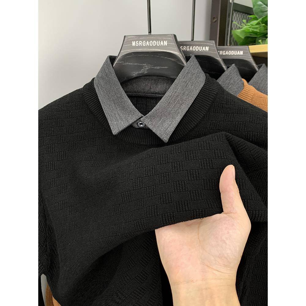 衬衫领假两件毛衣男秋冬季2025新款保暖打底长袖针织衫男装衣服