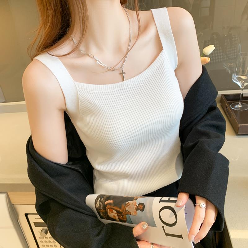 方领针织吊带背心女春秋白色修身小西装内搭马甲内搭t恤上衣外穿