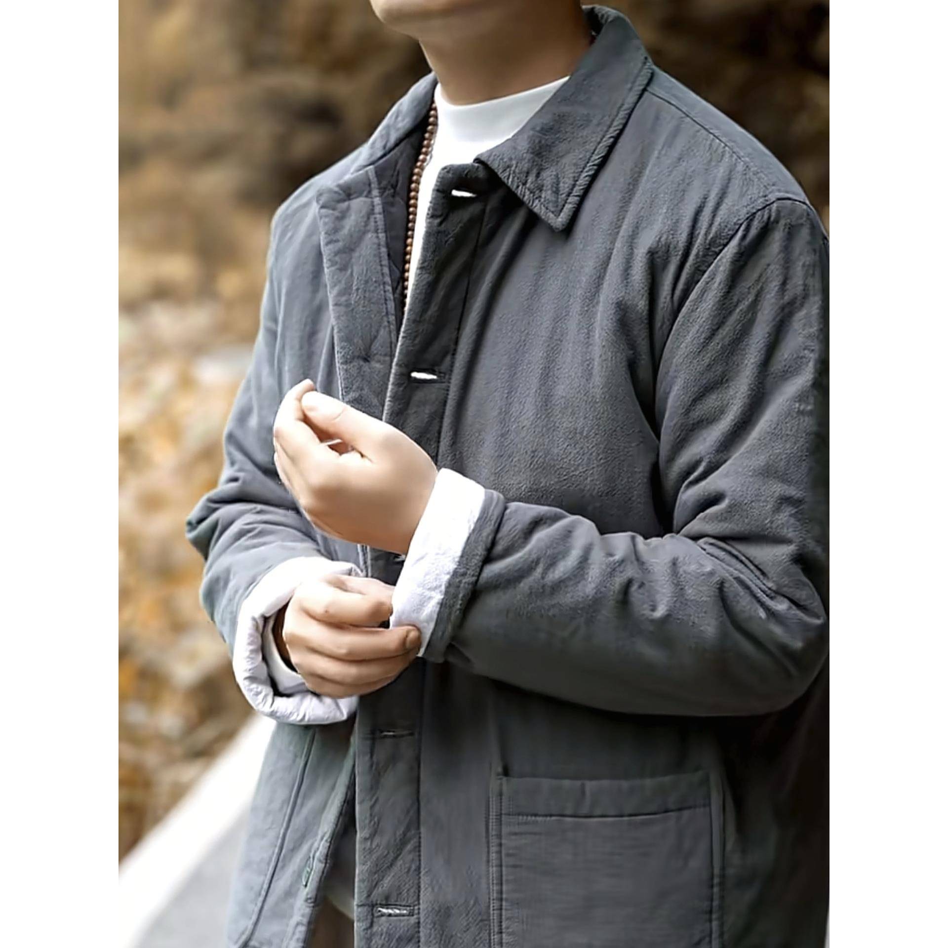 高端纯棉上衣冬装新中式棉衣覆古夹克外套男夹棉宽松棉服棉袄翻领