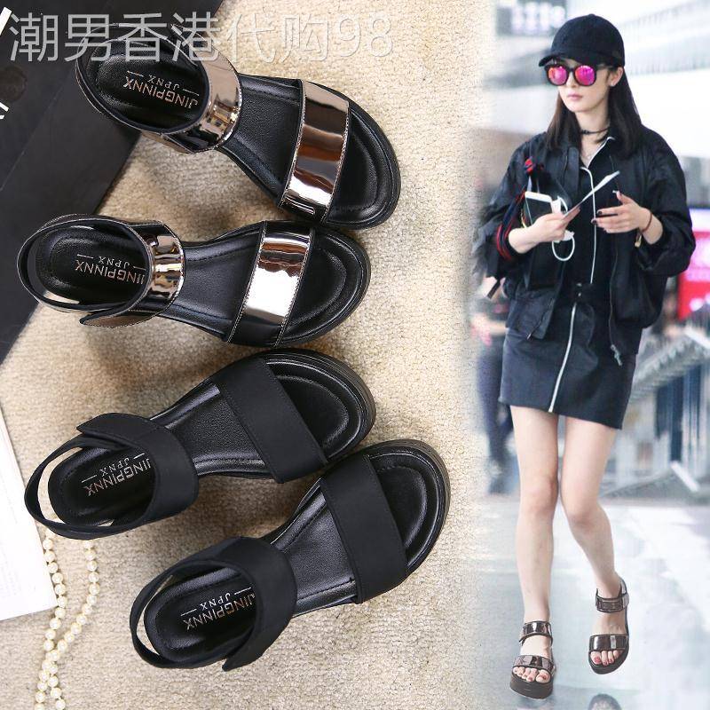 坡跟凉鞋女2025年新款夏季一字带沙滩鞋亮片魔术贴厚底高跟罗马鞋