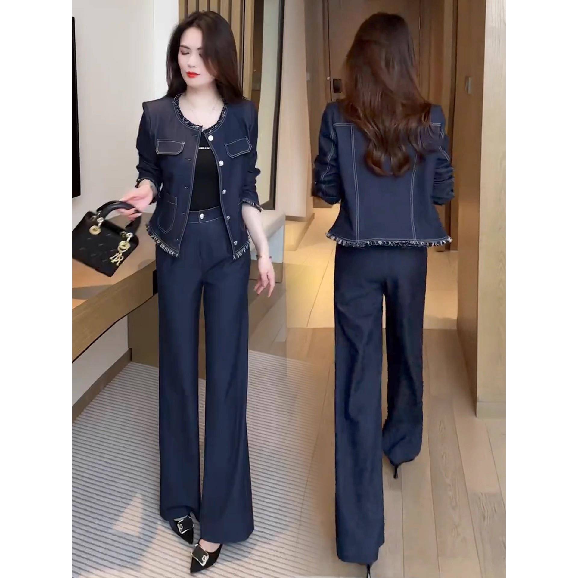 香港代购时尚牛仔套装女秋季新款时髦短款外套阔腿裤休闲两件套潮