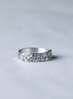 纯银足银999祥云雕刻戒指环