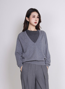 Jane express/简表达100%绵羊毛套头V领内搭针织打底毛衣DMS53014