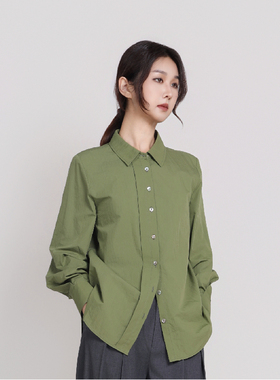 Jane express/简表达棉锦混纺宽松修身衬衣纯色简约上衣CCY61001