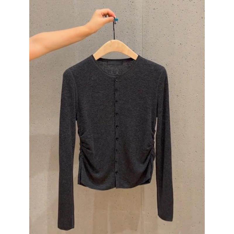 韩国设计感小众别致深灰色上衣女春秋高级感长袖打底针织开衫内搭