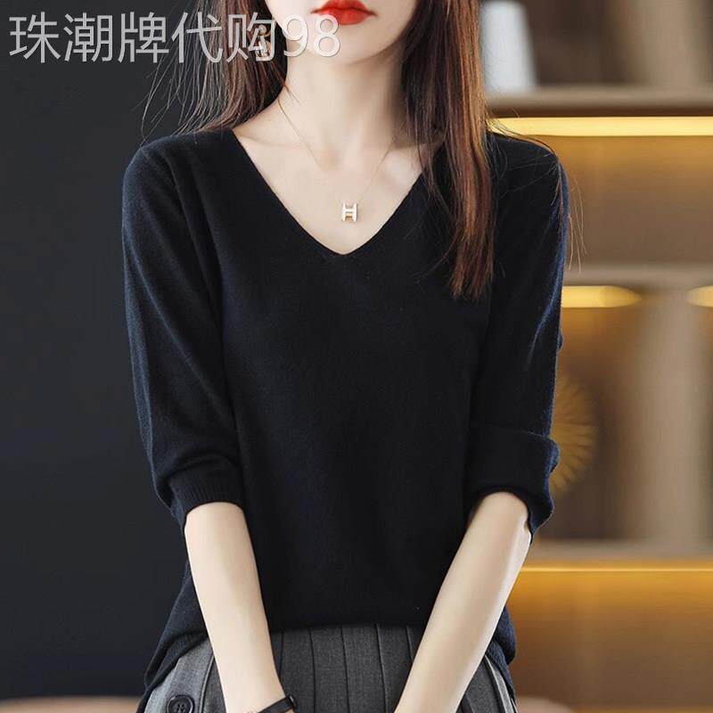 气质针织衫女2025年夏季新款黑色V领中袖T恤五分袖内搭打底衫上衣