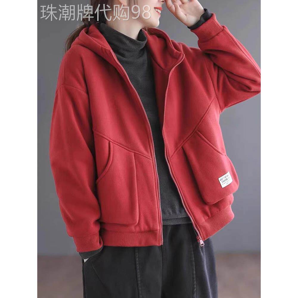 连帽长袖开衫卫衣女秋冬装新款时尚纯色休闲女士棒球服拉炼短外套