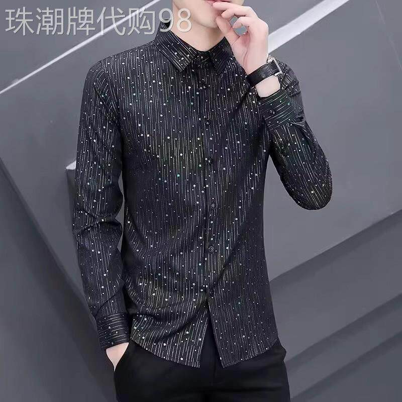 LL男装衬衫男长袖修身高级感春秋个性潮流轻奢帅气条纹满天星衬衣