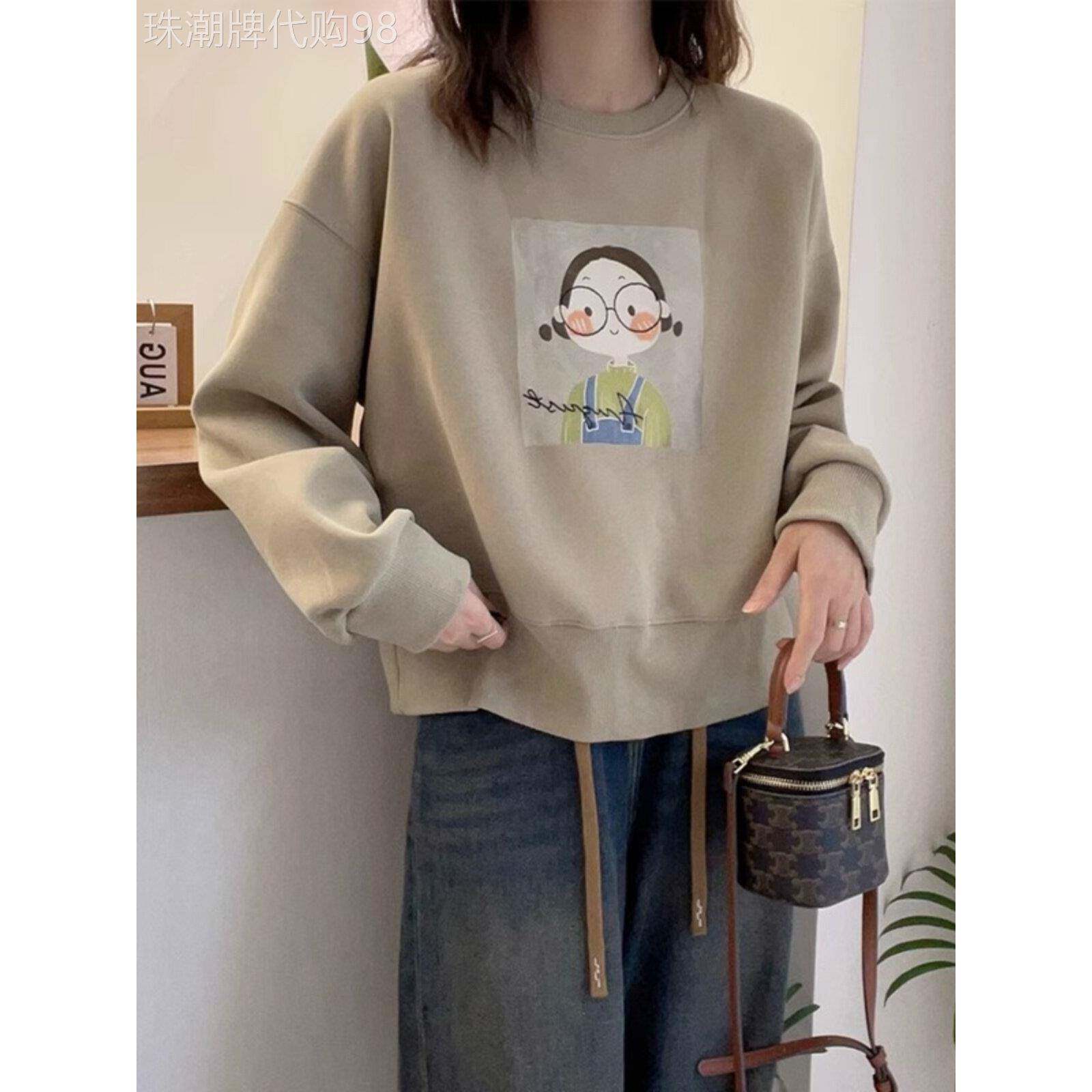 卡其色圆领卫衣女2025秋冬新款加绒加厚卡通印花大码宽松长袖上衣