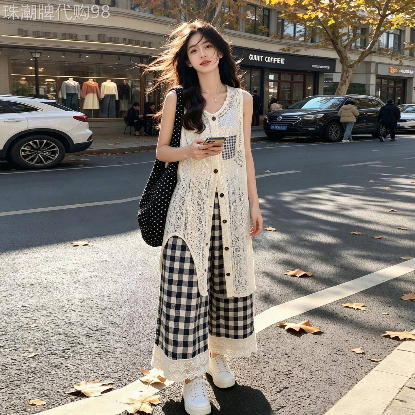 蕾丝马甲背心格子阔腿裤套装女2026夏新款休闲宽松显瘦减龄三件套