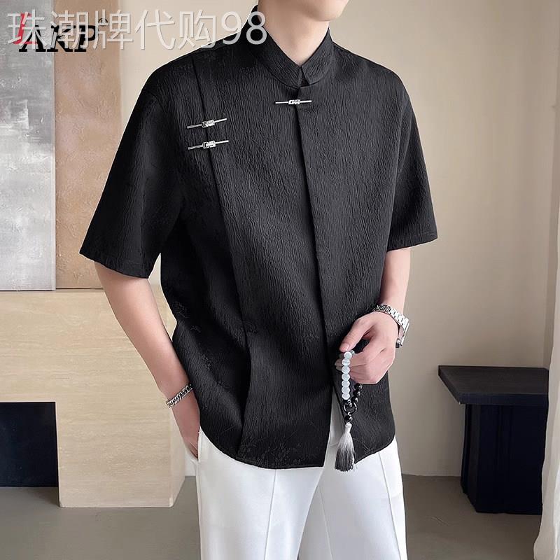 新中式提花短袖衬衫男士2026新款夏季盘扣国风立领唐装衬衫服男款图片