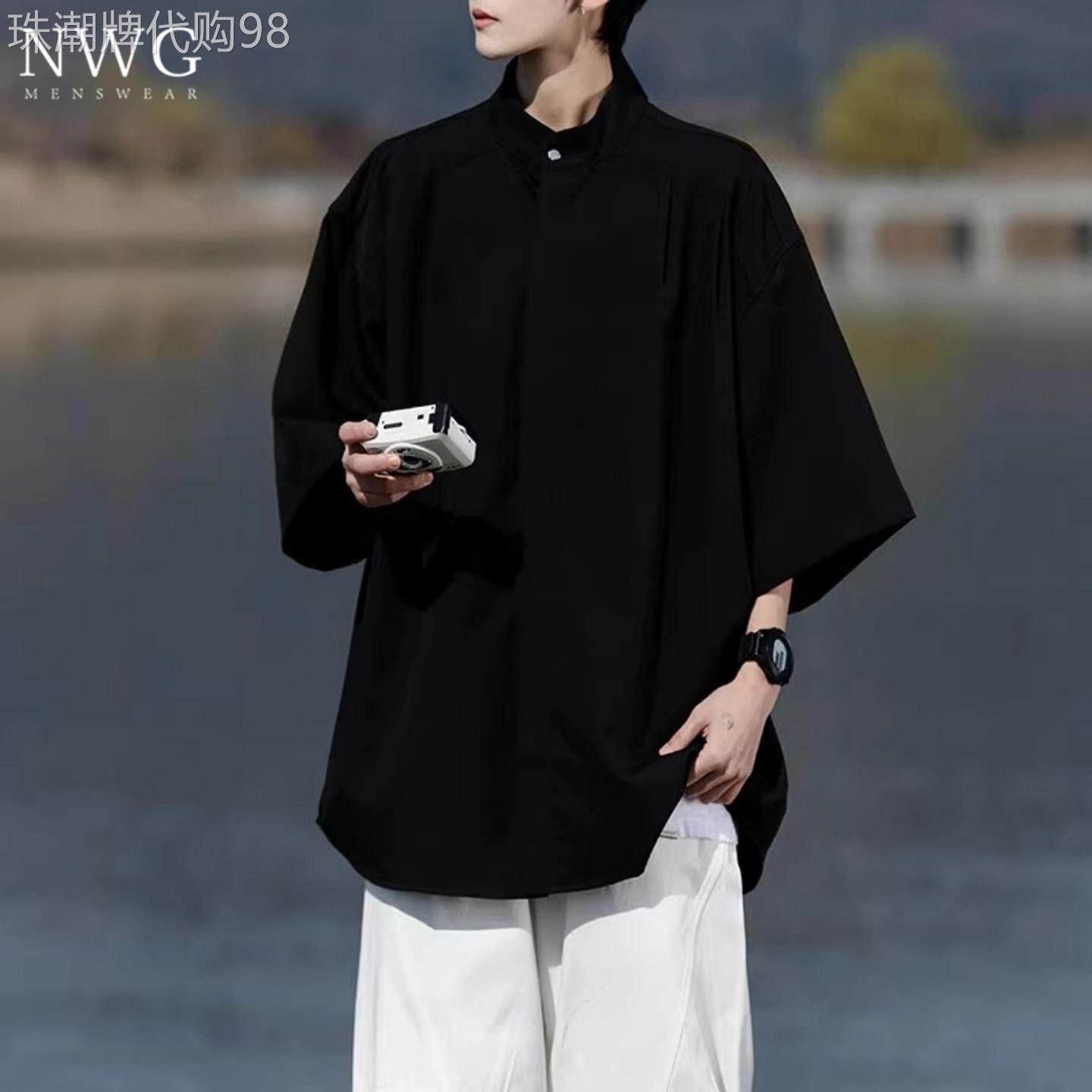 新中式七分袖衬衫男夏季百搭宽松大尺码冰丝短袖衬衫男凉感休闲外