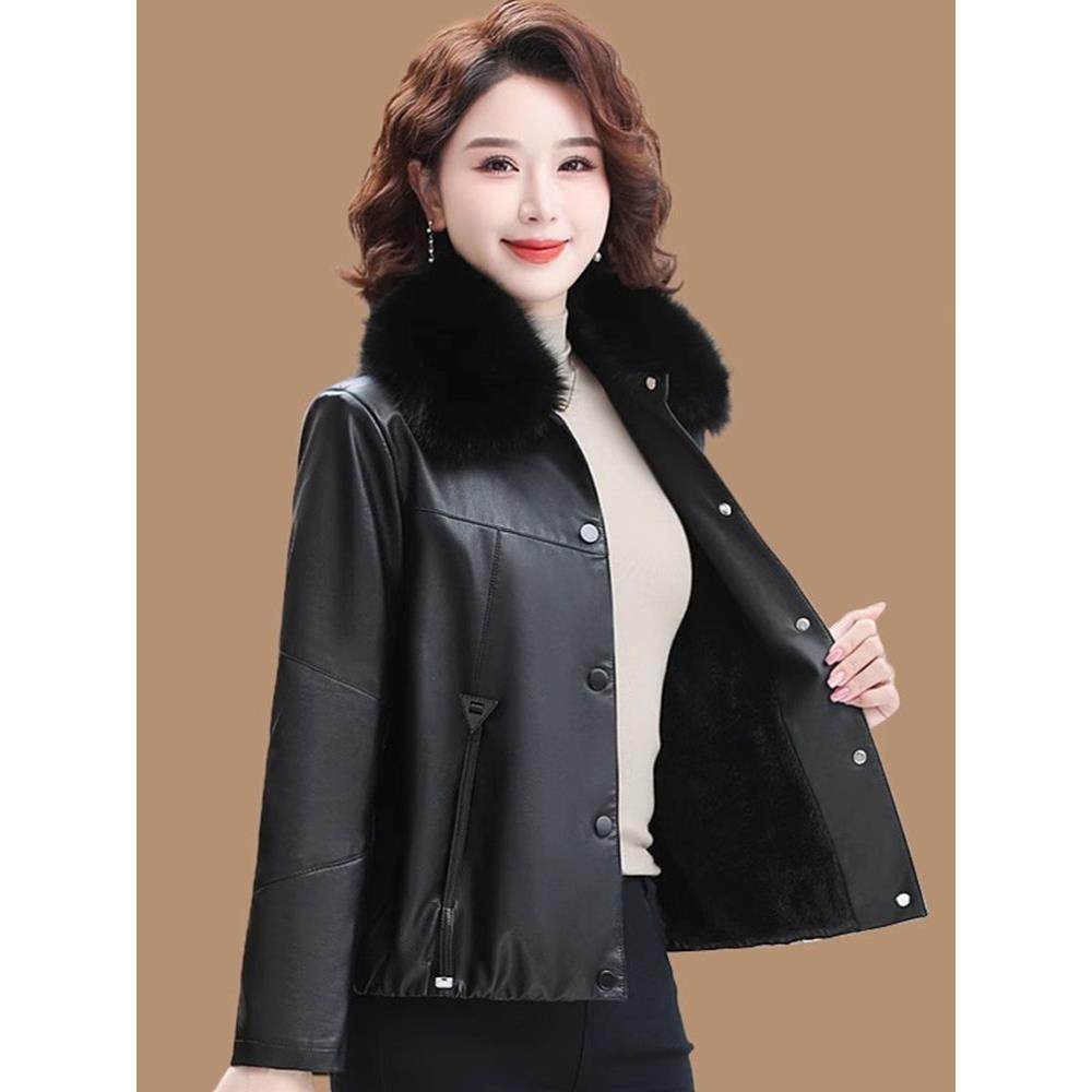 中年妈妈皮衣外套女士冬季加绒加厚2025新款宽松大码短款洋气棉衣