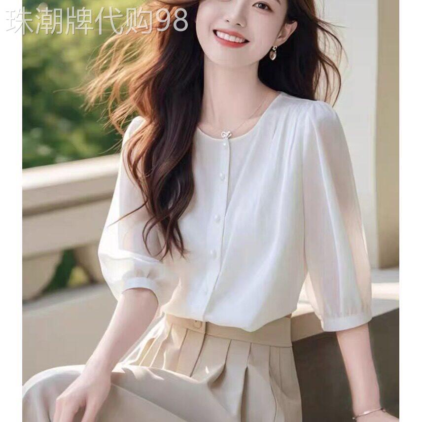 2026夏季新款白色通勤上衣宽松遮肚子洋派百搭气质雪纺衬衫女士潮