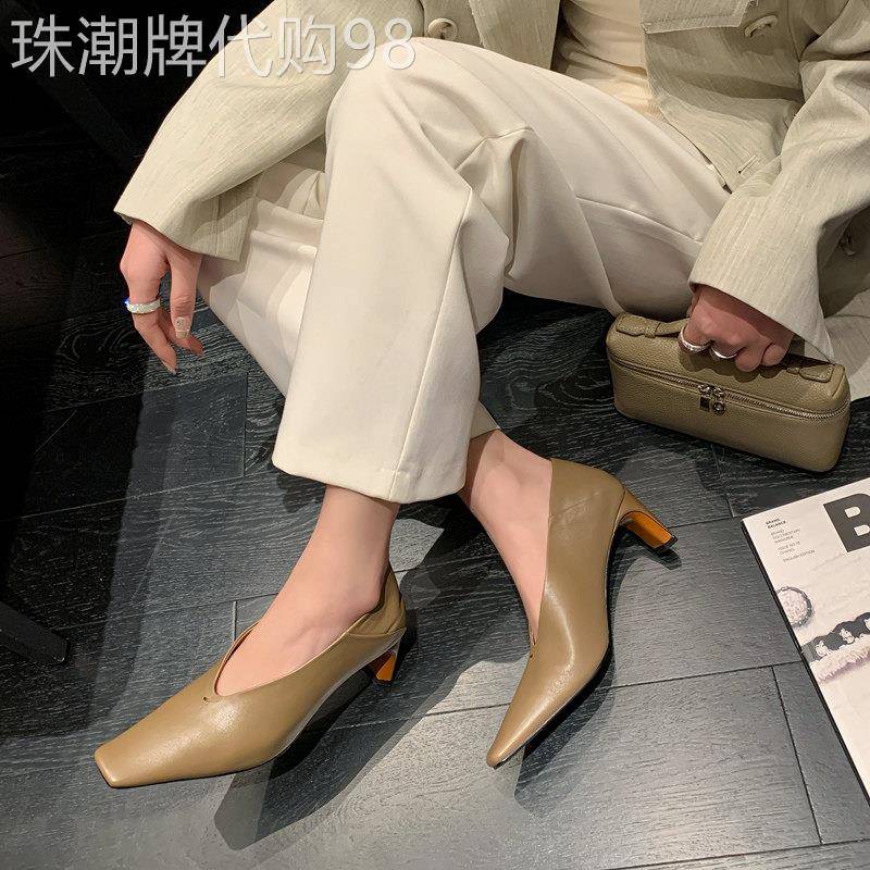通勤日记！小众设计师高跟奶奶鞋舒适简约方头粗跟羊皮包鞋女春款