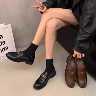 潮牌英伦小皮鞋女复古乐福鞋豆豆鞋秋冬新款高级感单鞋粗跟女鞋子