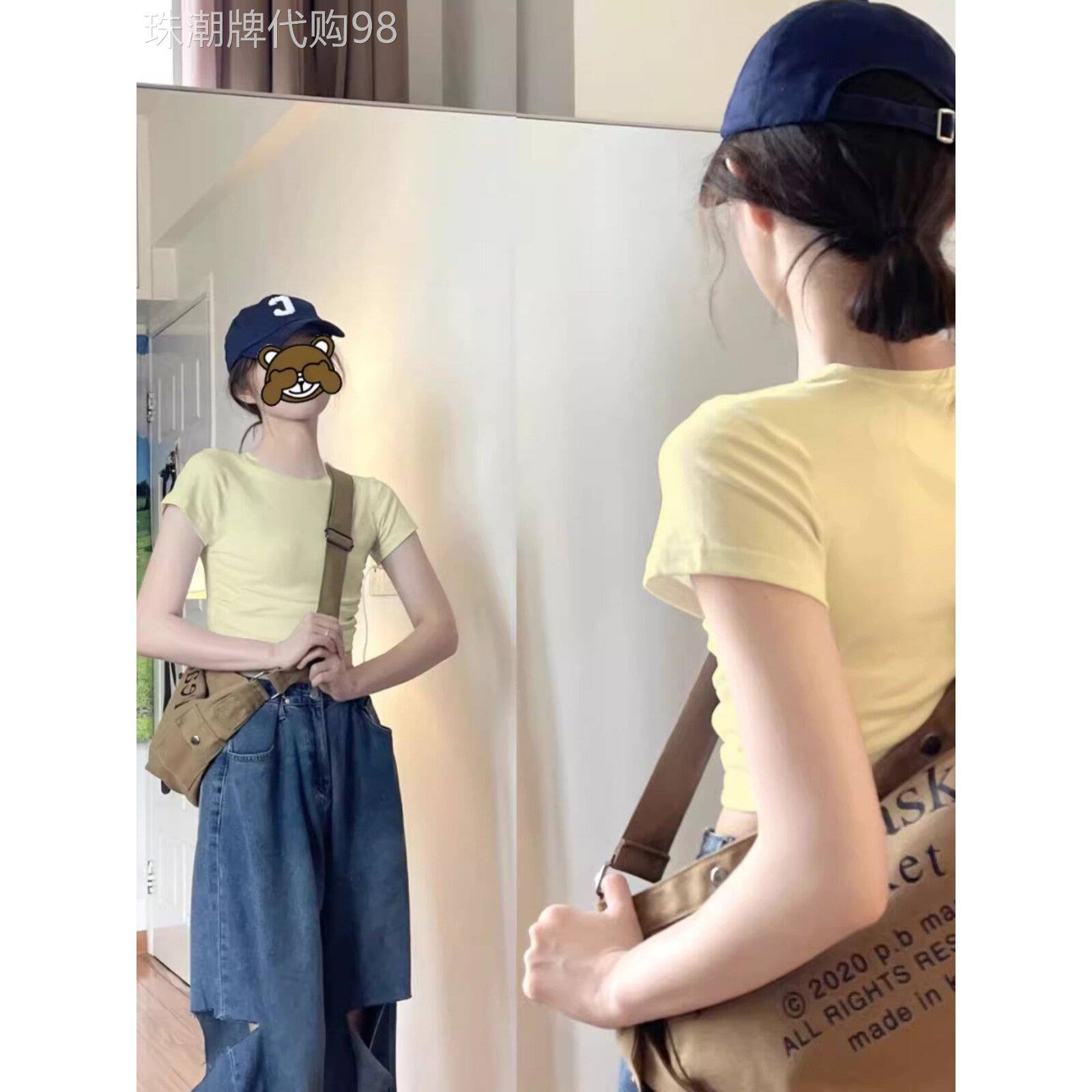 2025新款韩式右肩米黄色t恤女式夏季短袖t恤西式独特别致甜辣上衣