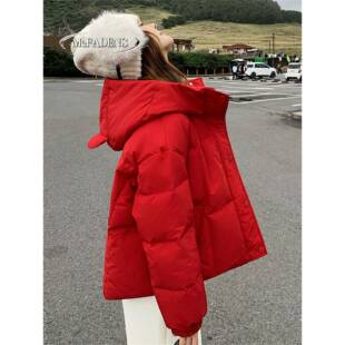 香港红色连帽短款羽绒服女冬季加厚宽松洋气小个子时尚保暖面包服