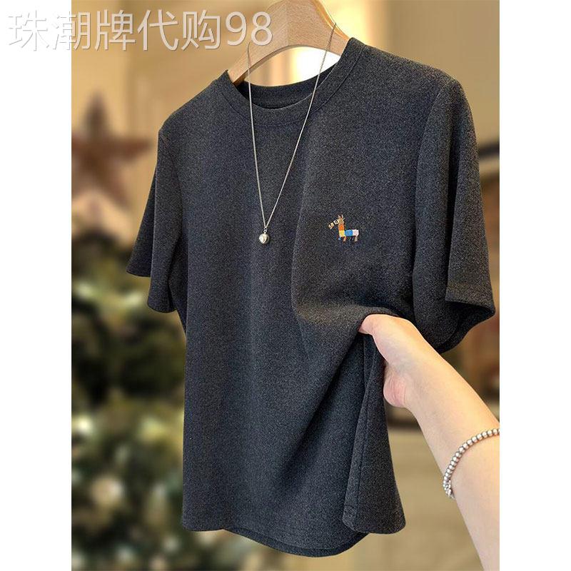 磨毛纯棉圆领短袖T恤女2026新款设计感深灰色打底衫外穿印花上衣